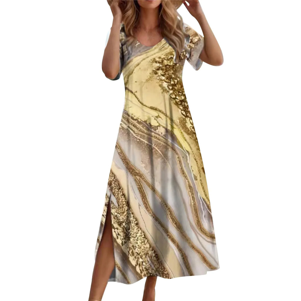 Women Allover Print Dress With Round Neck Short Sleeves