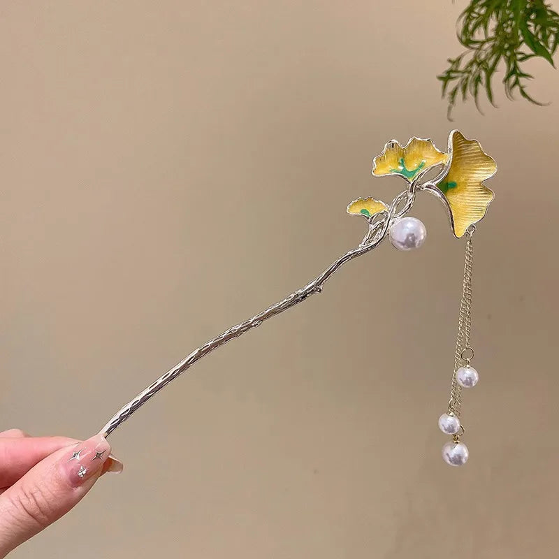 Elegant Enameled Flower Tassel Hair Clip Alloy Hairpin for Women Stylish Chinese Hair Accessory