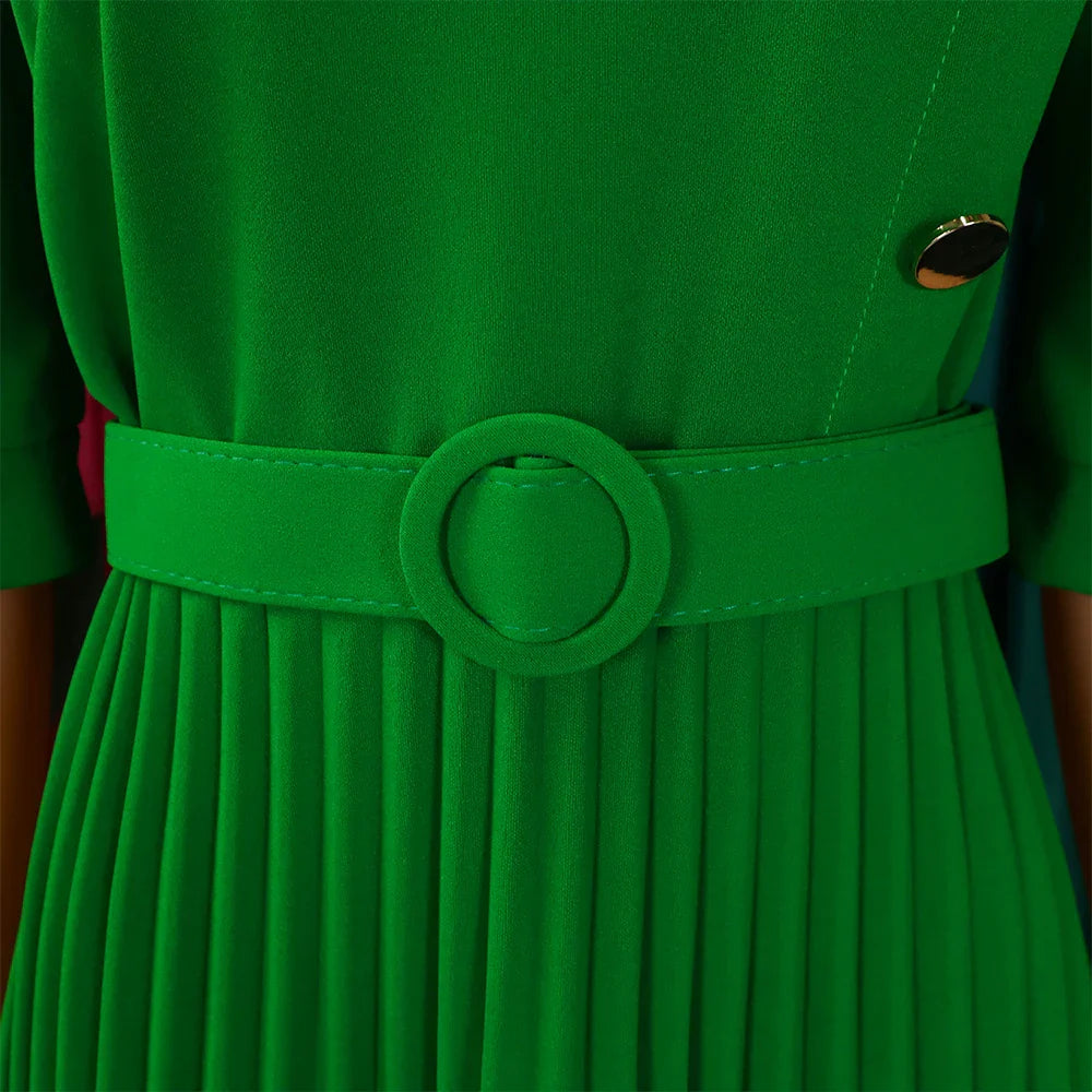 Elegant Pleated Dress for Women Formal Half Sleeve Belted