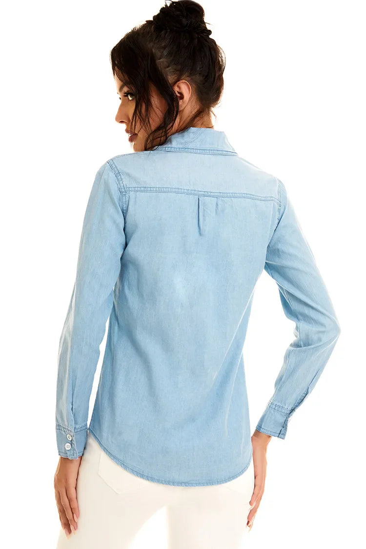 Light Blue Slim Fit Cotton Denim Shirt for Women Long Sleeve Casual Thin Jeans Blouse Top