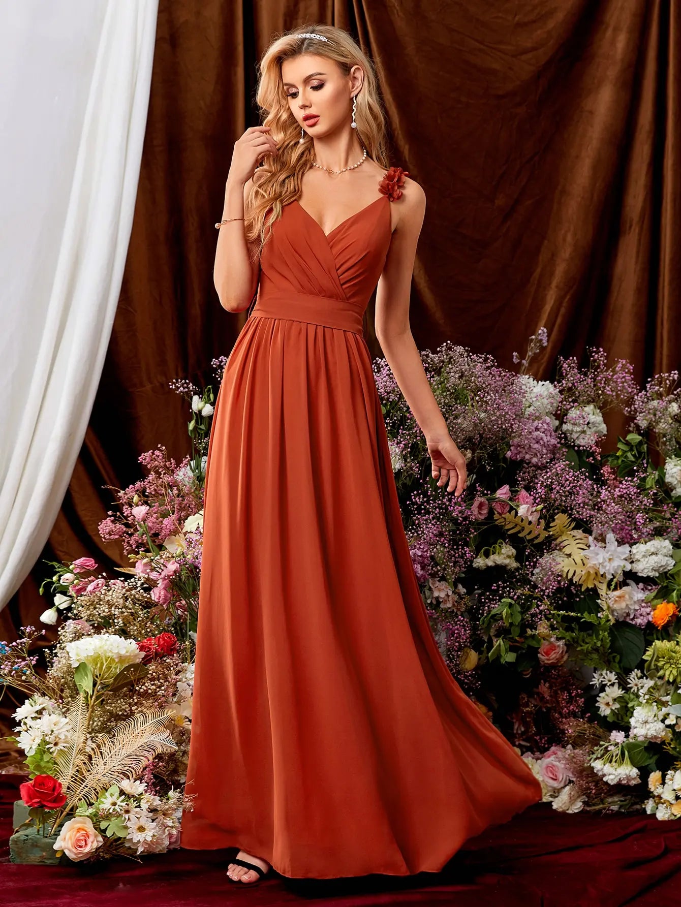V-Neck Backless Flower Cross Pleated Evening Gown Dress