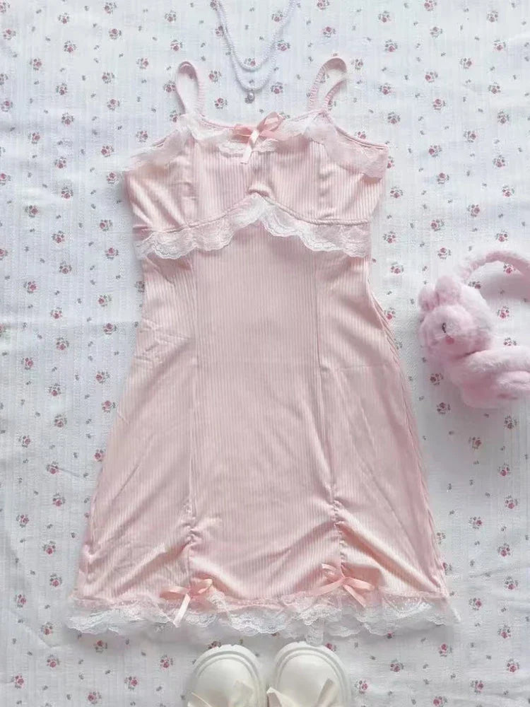 Sweet Lolita Lace Dress With Bow Pink Mini Party Dress