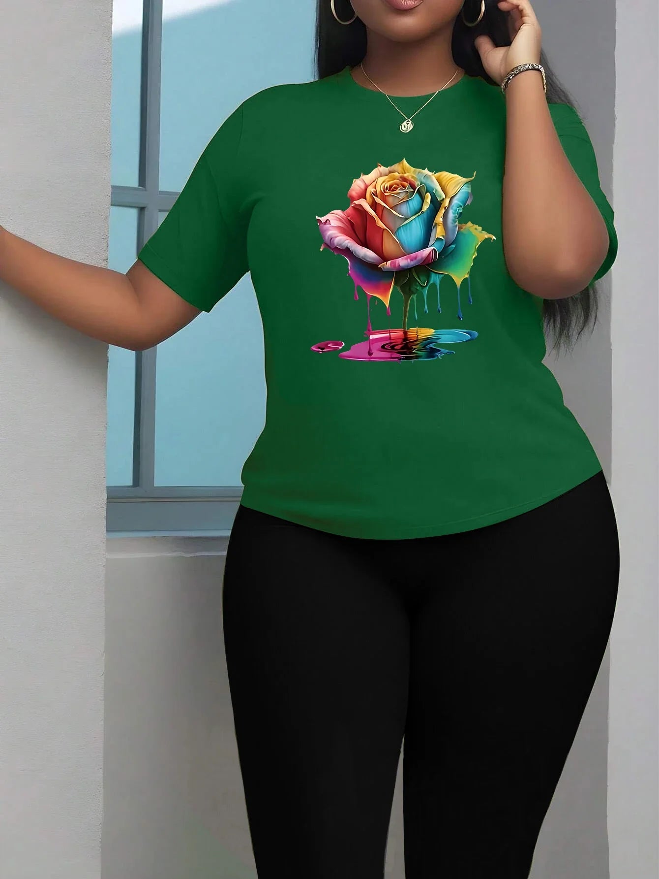 Colorful Floral Print Women T Shirt and Capri Leggings Two Piece Set for Casual Wear