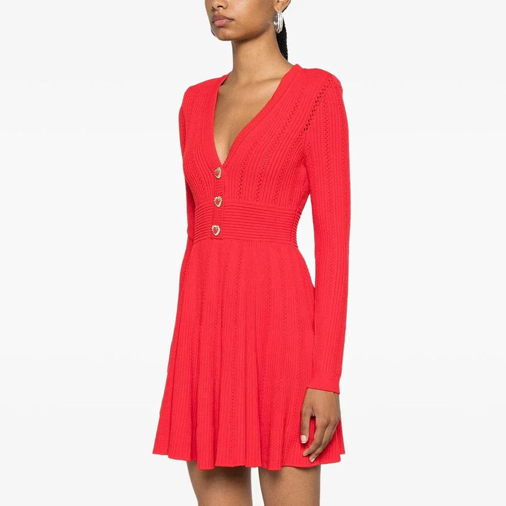 Knitted Long Sleeve V Neck Button Party Dress for Autumn