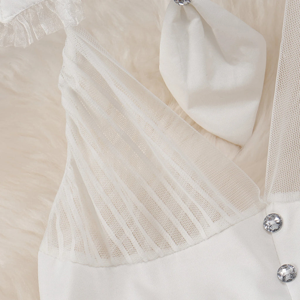 Sexy French-Inspired Lingerie Set with Button Straps Patchwork Short Skirt V-Neck Bow Tie 4-Piece Erotic Cosplay Underwear Suit