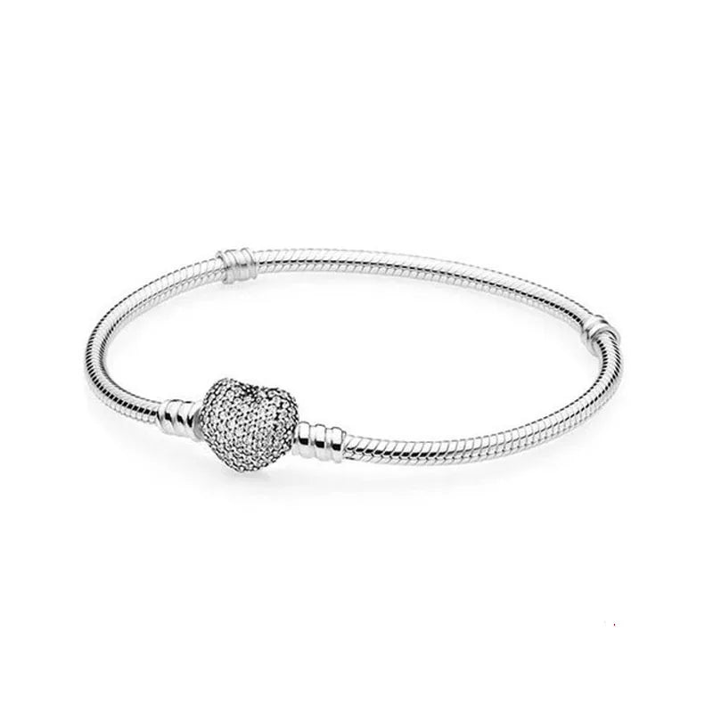 925 Sterling Silver Heart Flower Clasp Snake Chain Bracelet for Bead Charm Jewelry