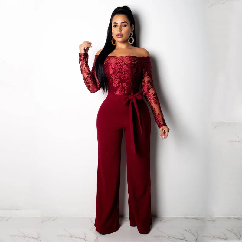 Appliques Lace Patchwork Off Shoulder Jumpsuit for Women with Slash Neck Long Sleeve and Elegant Wide Leg Pants Party Overalls