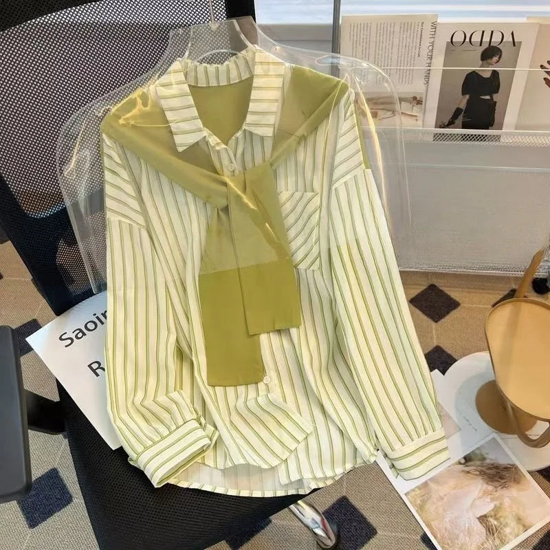 Sweet Stripe Print Long Sleeve Shirt with Layered Two-Piece Design Elegant Chic Blouse for Women