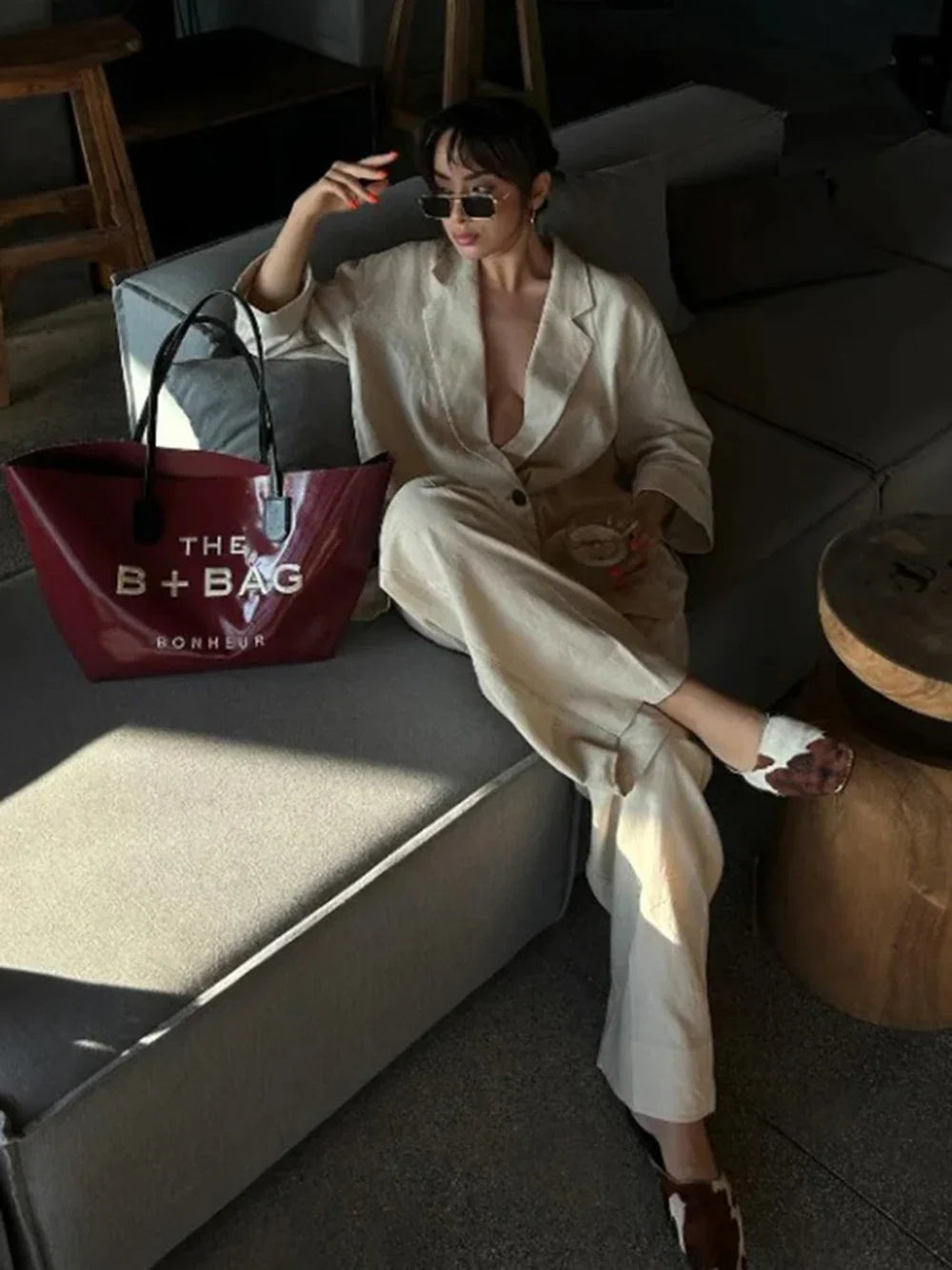 Women's Satin Blazer and High Waisted Straight Leg Pant Set with Crease Texture