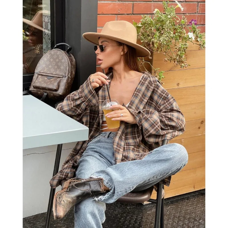 Vintage Plaid Oversized Loose Long Sleeve Blouse Casual Khaki Shirt for Women