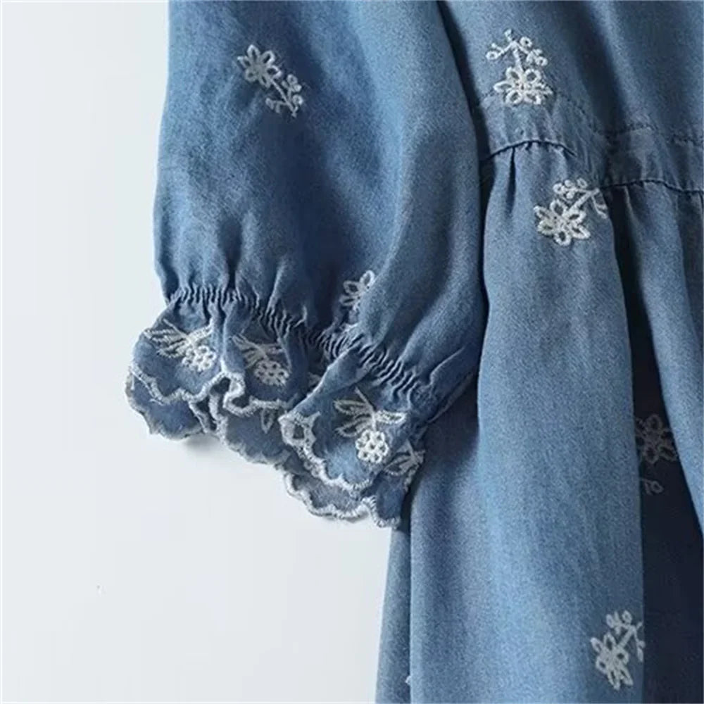 Womens V Neck Embroidered Dress Casual Elegant Short Sleeve