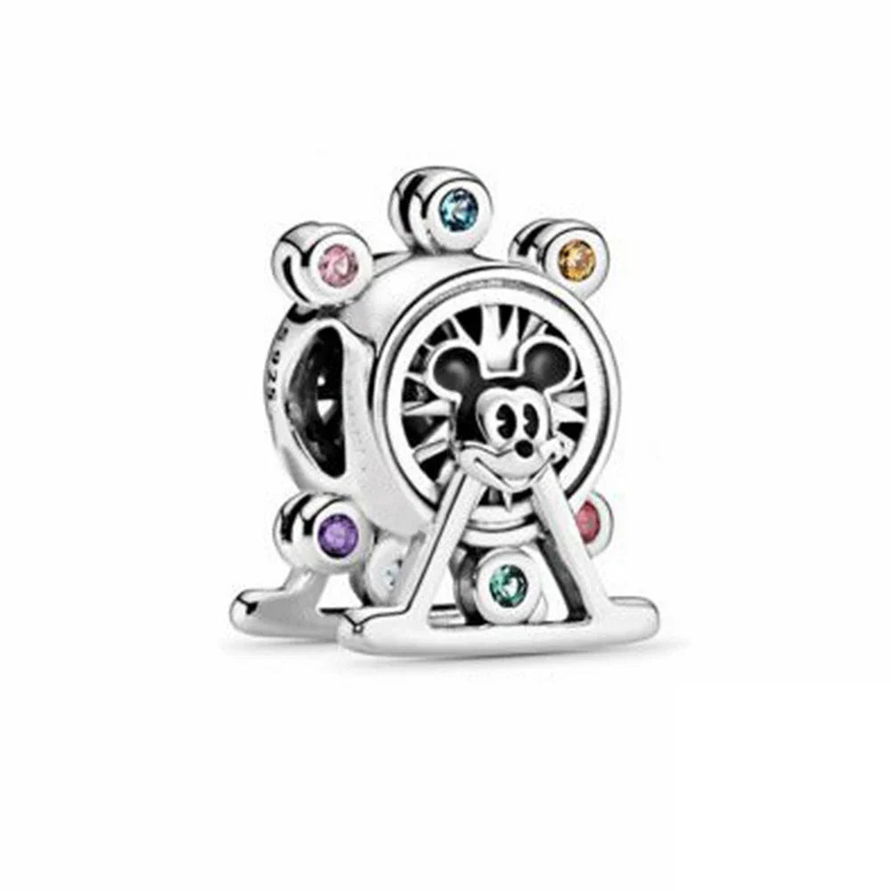Disney 925 Sterling Silver DIY Charm Compatible With 3mm Bracelets Featuring Mickey Mouse Ferris Wheel And Suitcase Designs