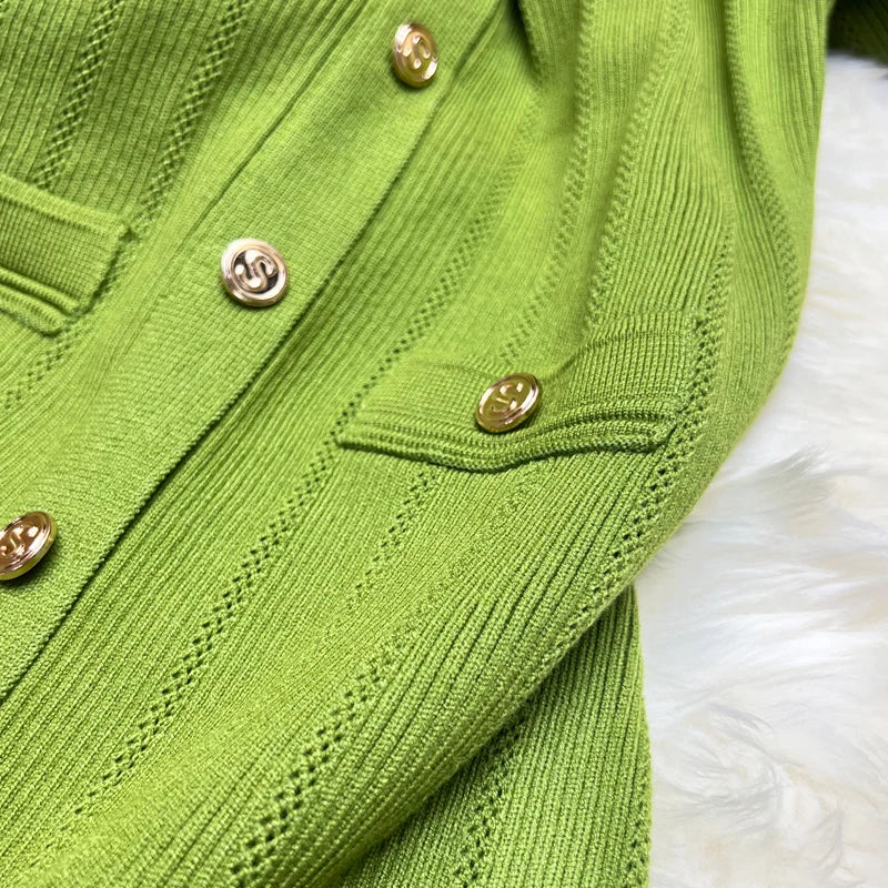 Elegant Knitted Long Sweater Dress With Button Details