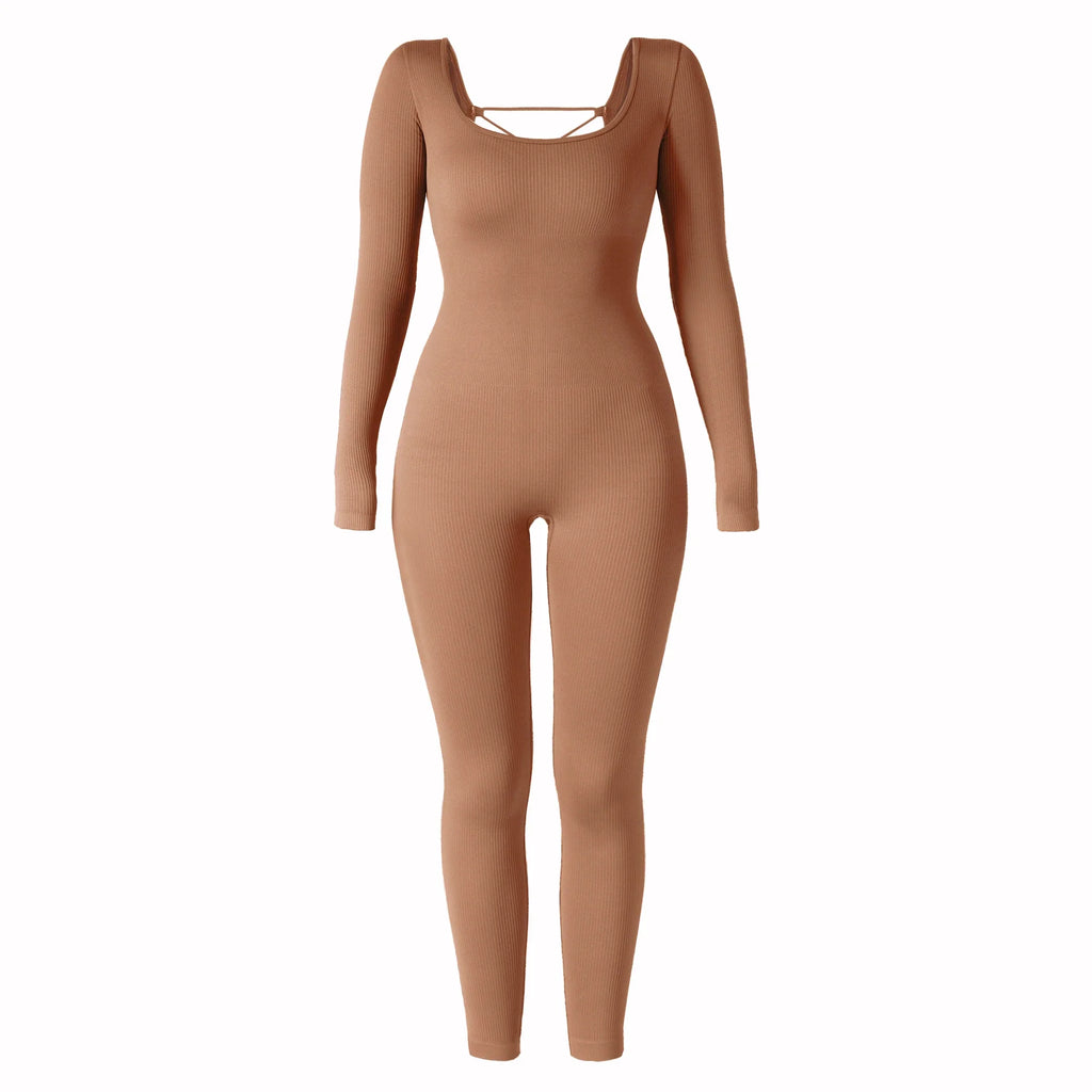 Bodycon Slim Fit Zipper Jumpsuit for Women Casual Brown Fitness Romper Streetwear Playsuit Overall