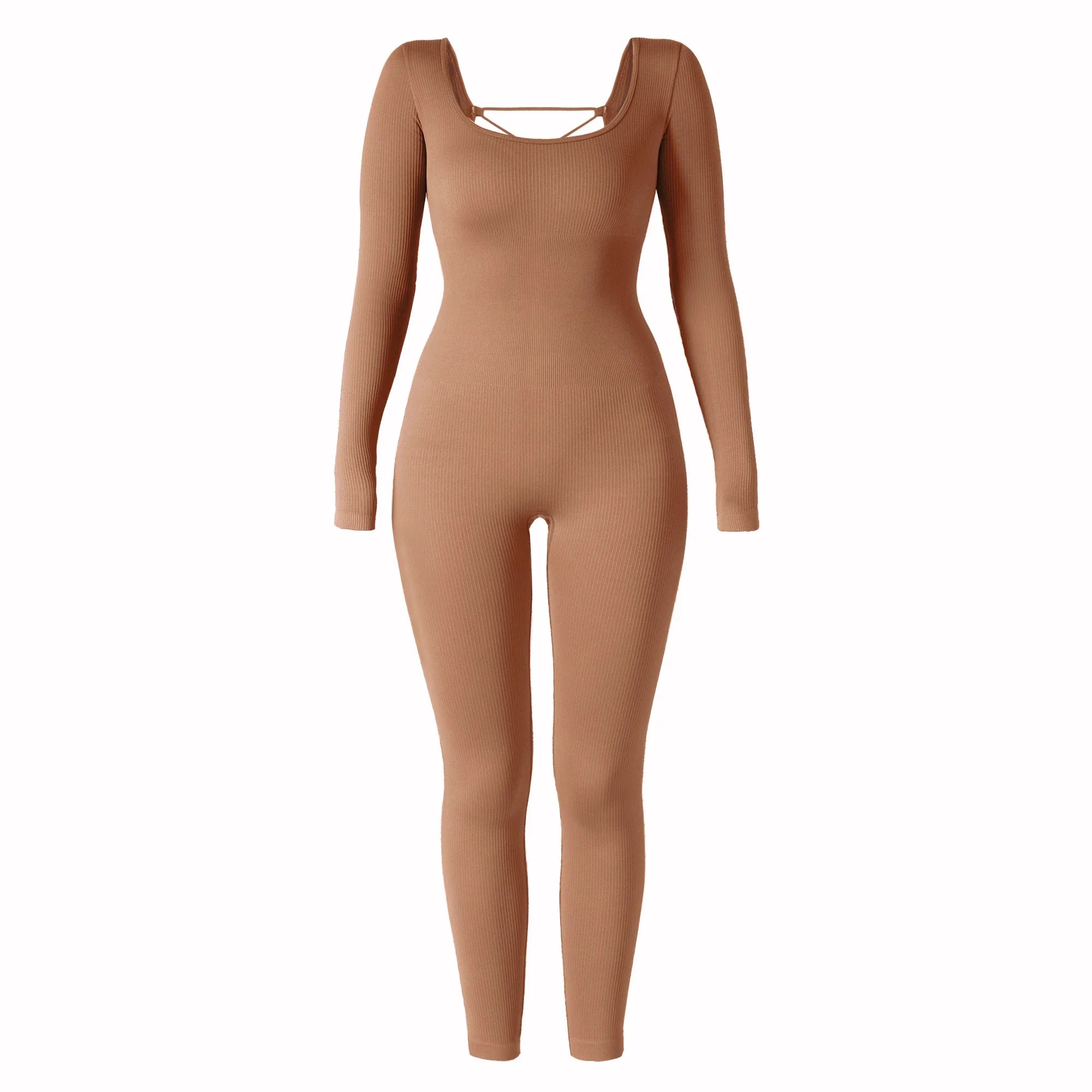 Bodycon Slim Fit Zipper Jumpsuit for Women Casual Brown Fitness Romper Streetwear Playsuit Overall