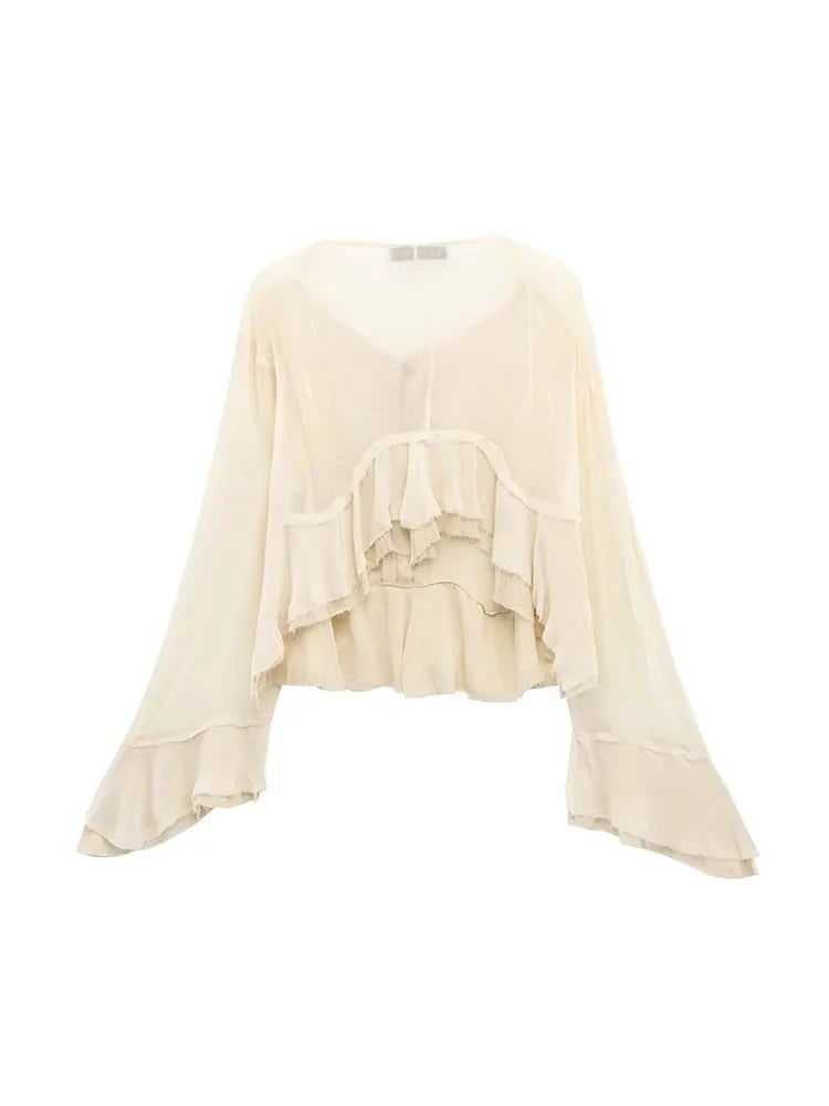 Women's Summer Chiffon Blouse with O-Neck Drawstring Bow Elegant Lightweight Thin Top