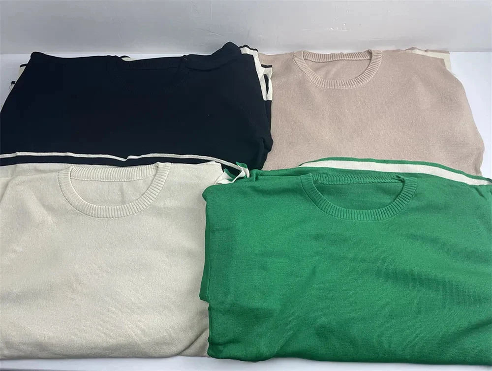 Elegant O-Neck Side Slit Pullover Sweater and Wide Leg Pants Two-Piece Set for Women Casual Autumn Solid Color Long Sleeve Outfit