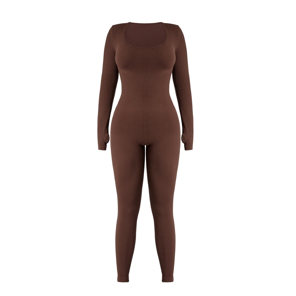 Bodycon Slim Fit Zipper Jumpsuit for Women Casual Brown Fitness Romper Streetwear Playsuit Overall