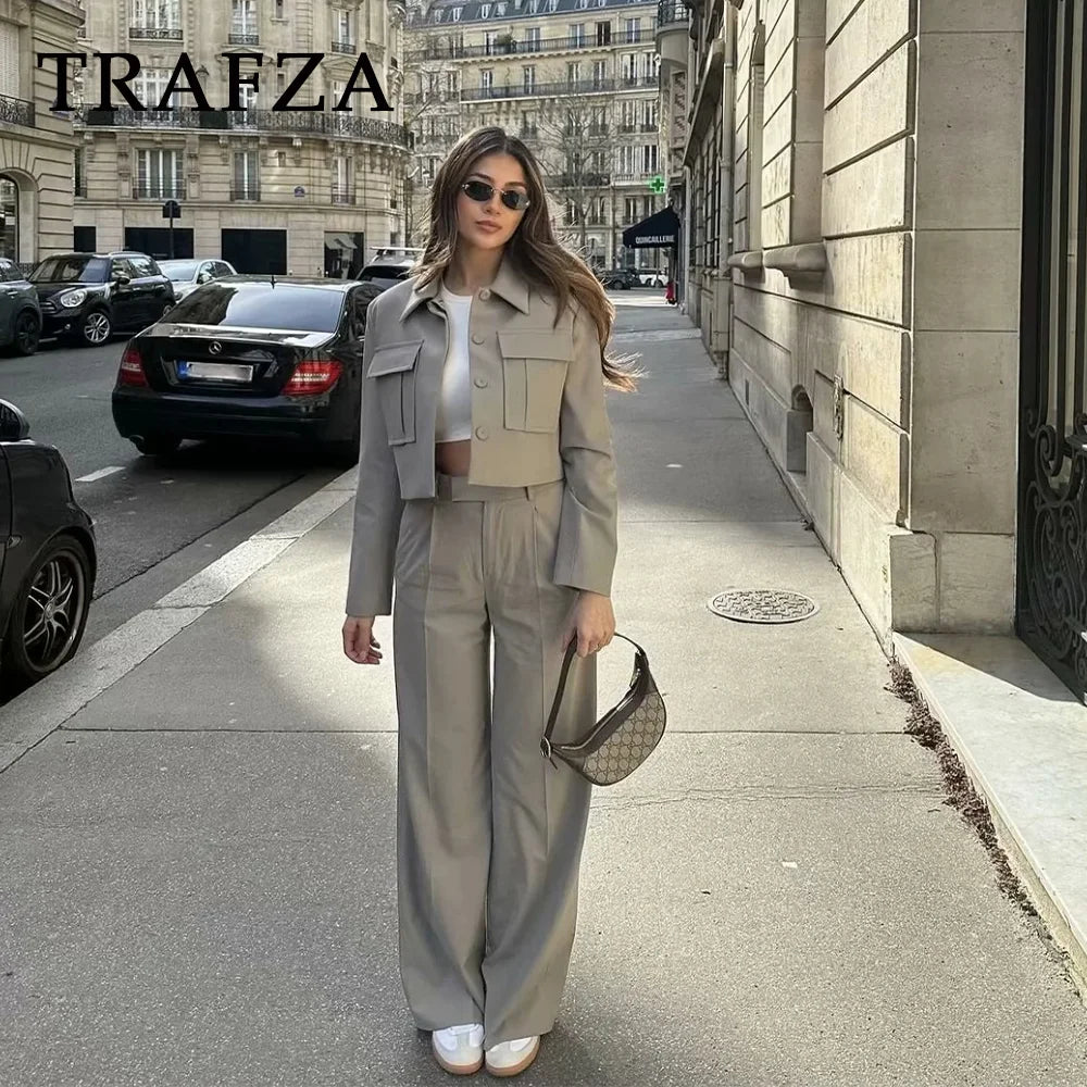 Casual Women Solid Suit Set with Pockets Turn Down Collar Short Jacket and Chic Wide Leg Pants for Spring and Summer Streetwear
