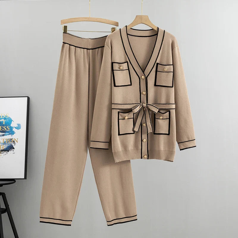 Autumn Elegant Two Piece Trouser Suit for Office Ladies with Long Sleeve Coat and Casual Wide Leg Trousers Set