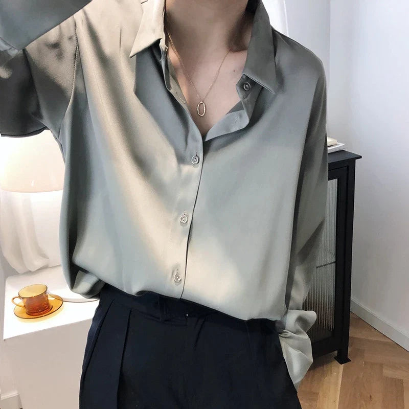 Satin Finish All-Match Blouse for Women Long Sleeve Casual Elegant Button Down Shirt Solid Color French Style Office Top