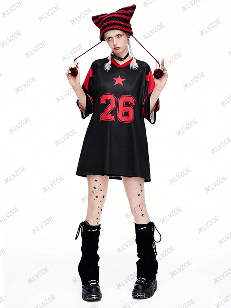 Oversized V-Neck T-Shirt For Women Casual Red Patchwork Short Sleeve Football Jersey Y2K Summer Tops