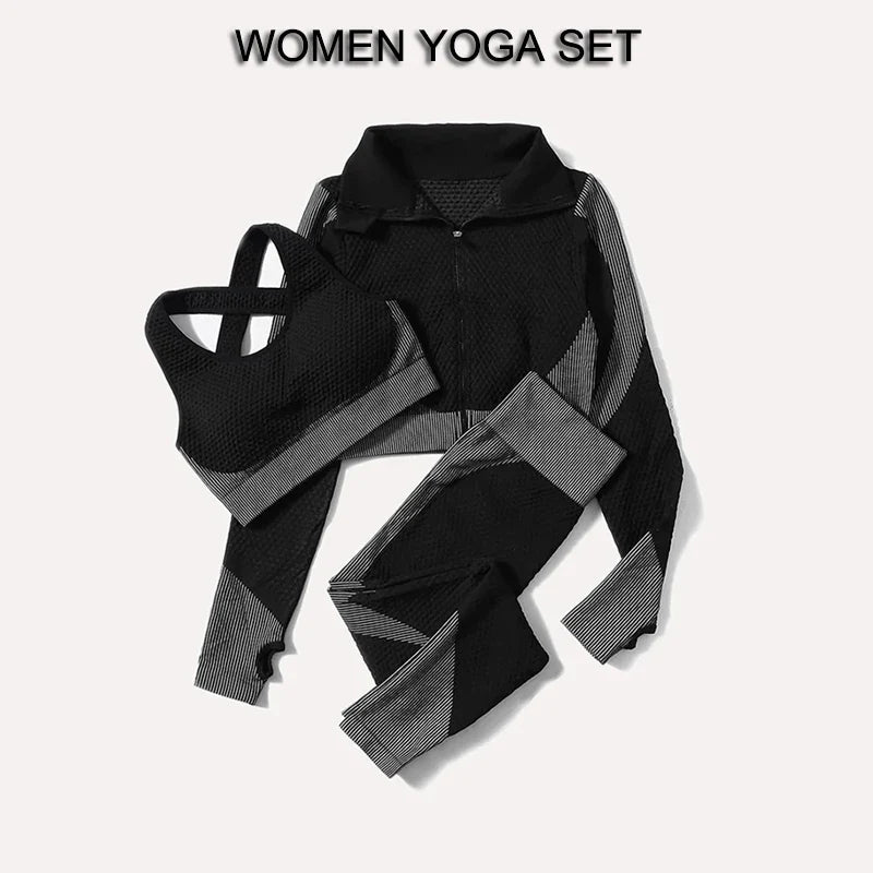 Seamless Women Yoga Suit with High Waist Leggings and Long Sleeve Crop Top Fitness Set