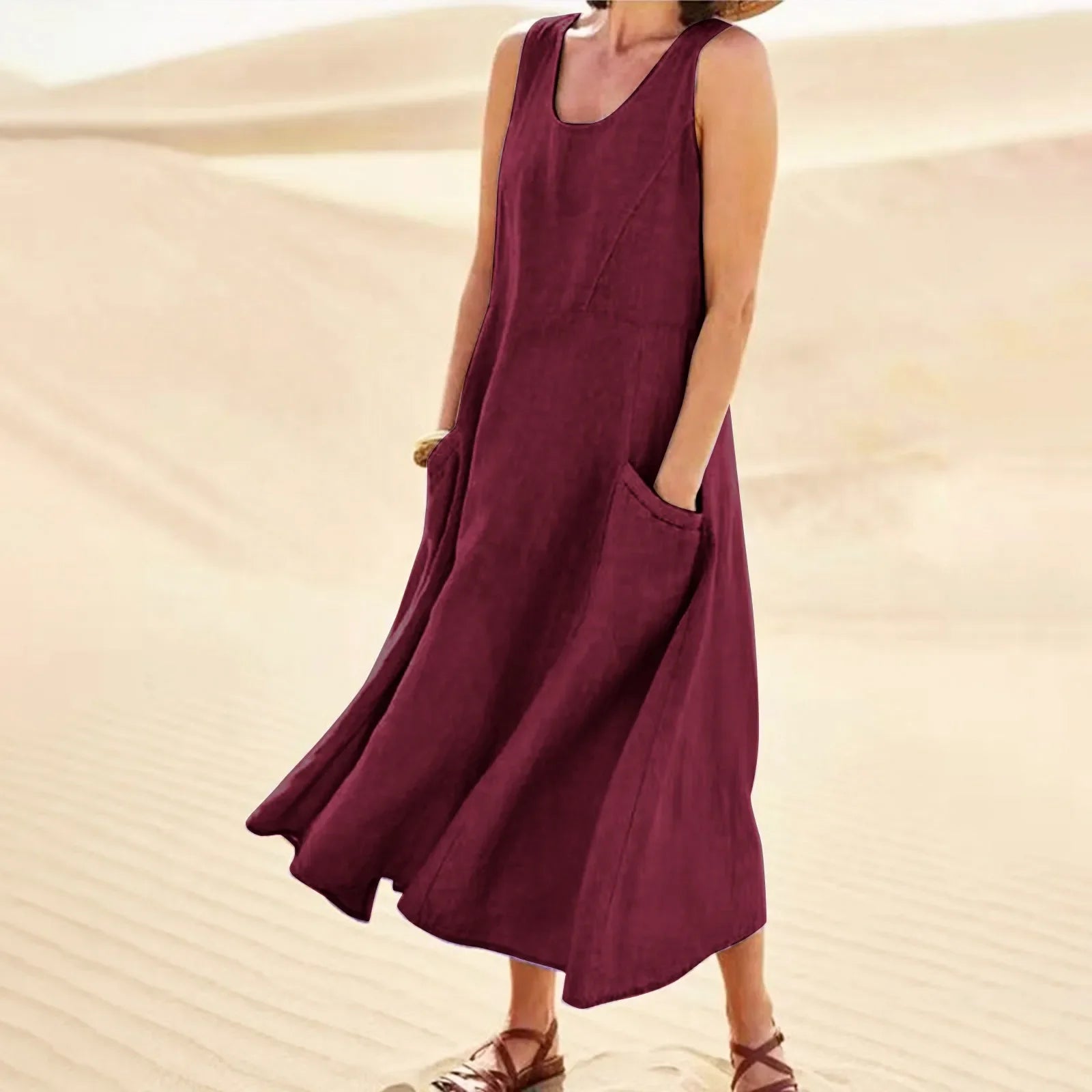 Cotton Linen Maxi Dress Plus Size Boho Sleeveless Pocket