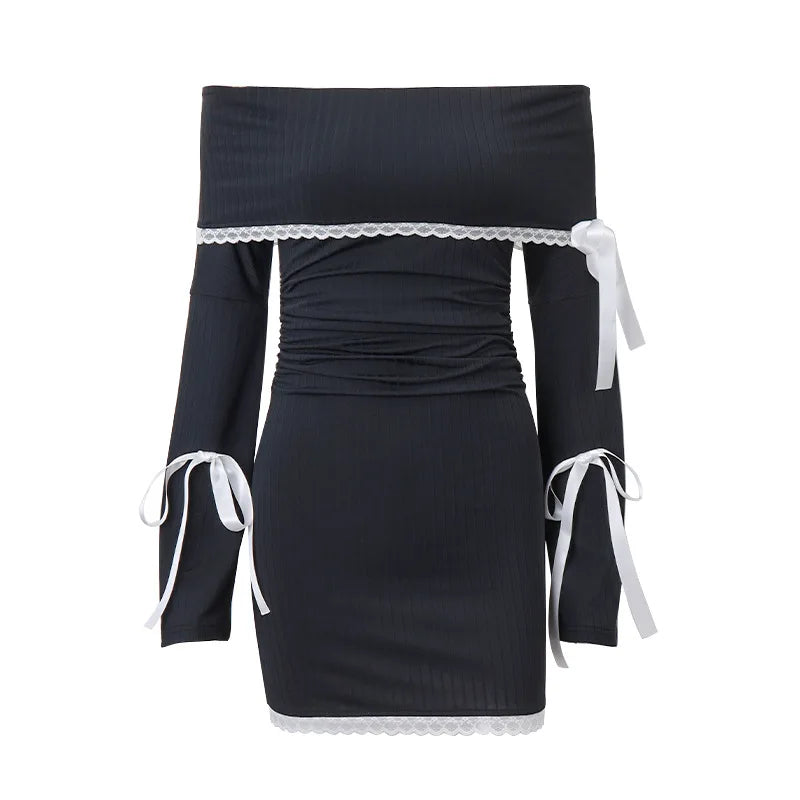 Black Lace Up Long Sleeve Knit Dress For Women Autumn