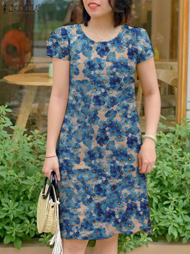 Floral Boho Knee Length Dress With Short Sleeves Blue