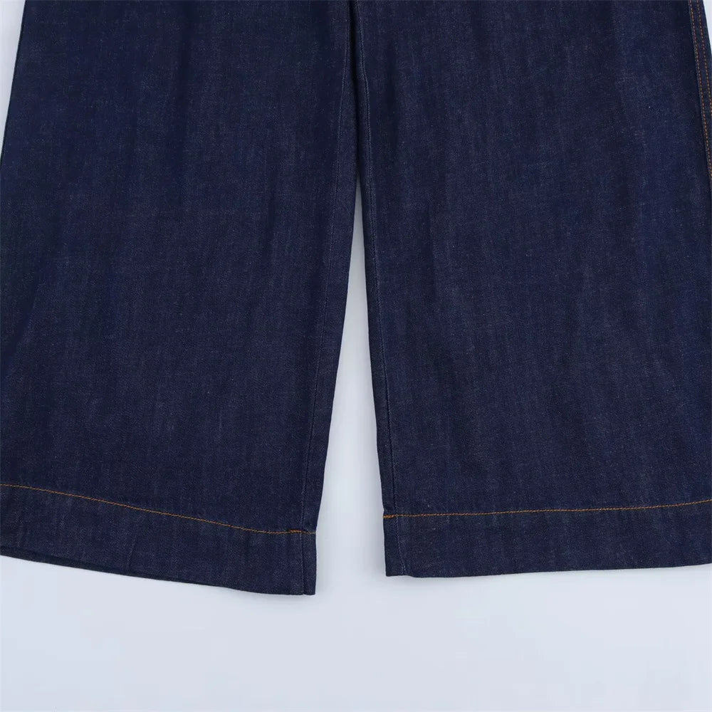 Women Denim Set Loose Fit Button Down Shirt and Wide Leg Pants Casual Outfit