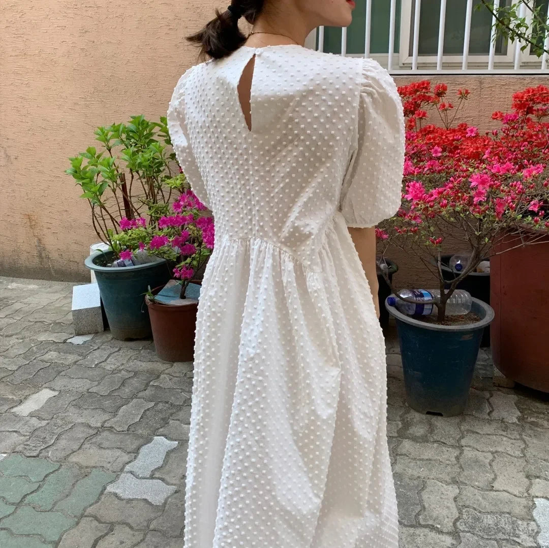 Women Polka Dot Puff Sleeve Long Dress Casual Party