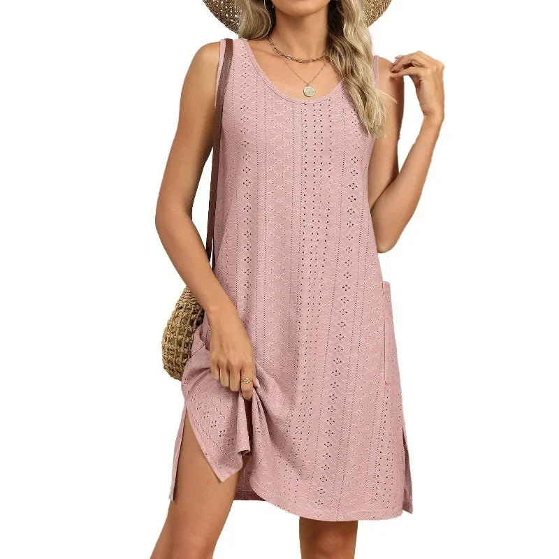 Loose Sleeveless Dress With Pockets Round Neck Solid Color
