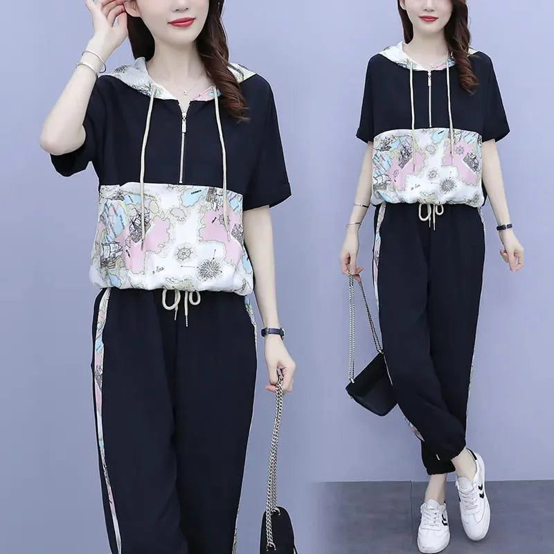Women's Casual Two Piece Set with Hooded T-Shirt and Contrast Printed Pants for Spring and Summer Fashion