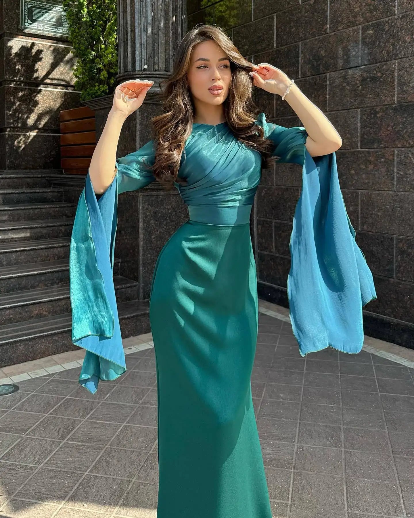 Summer Satin Long Sleeve Evening Gown Dress Slim Fit