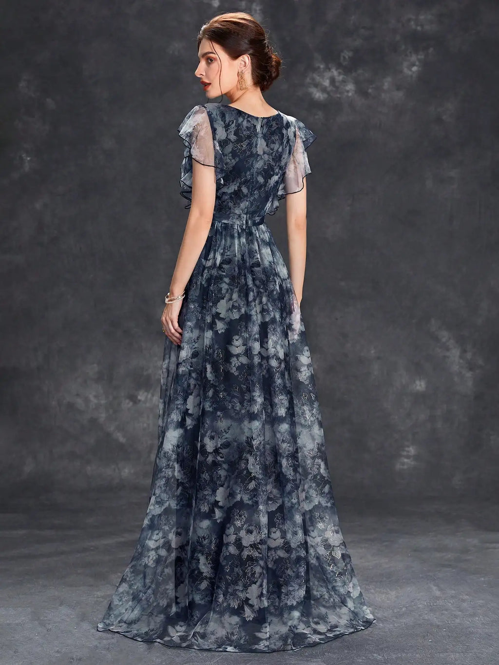 V Neck Lace Patchwork Evening Gown With Ruffled Sleeves