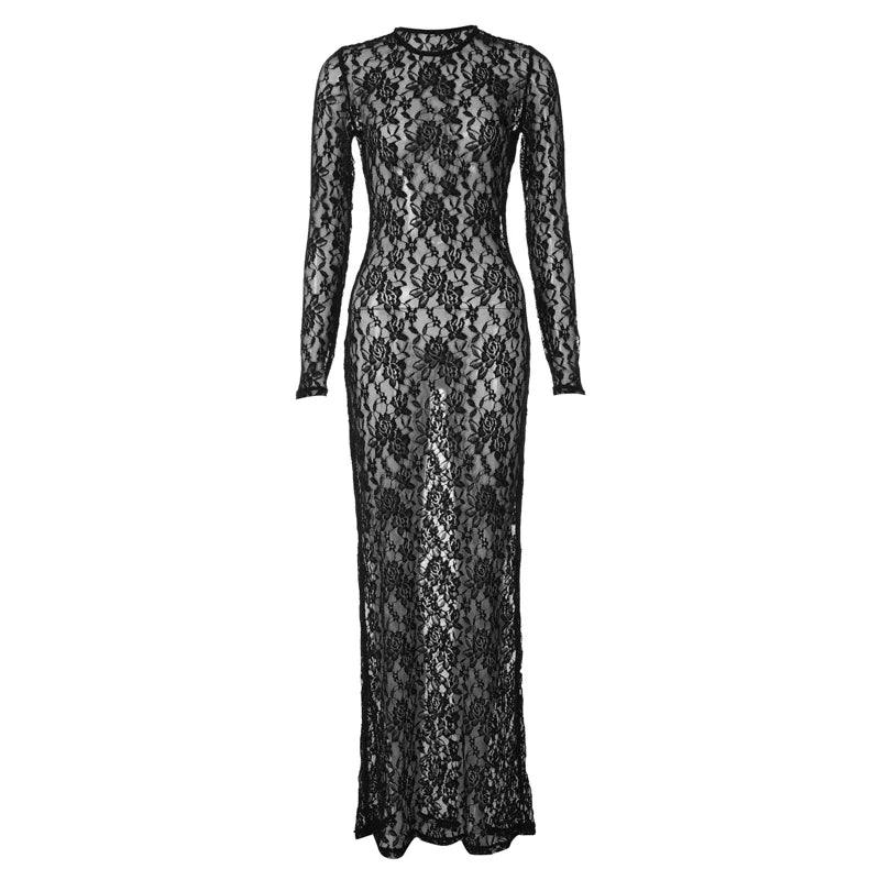 Floral Print Sheer Maxi Dress Long Sleeve Bodycon Evening