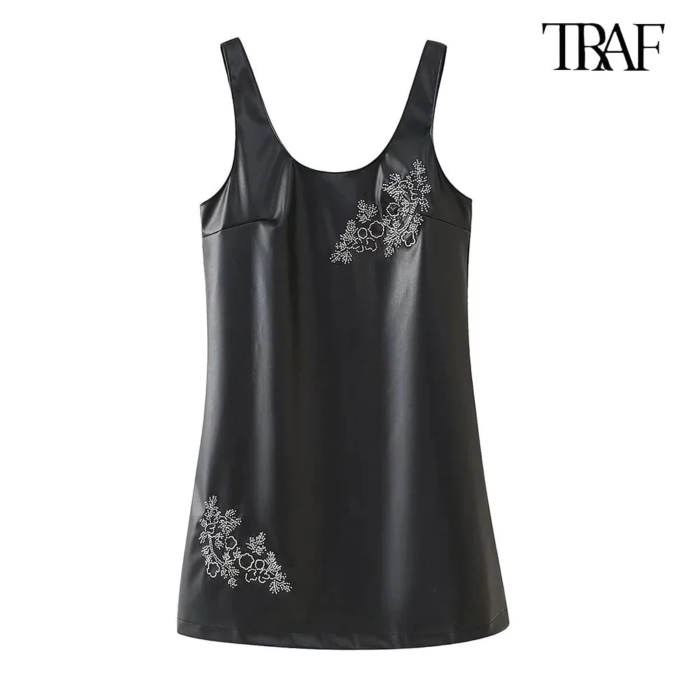 Beaded Dress Faux Leather U Neck Evening Gown For Party