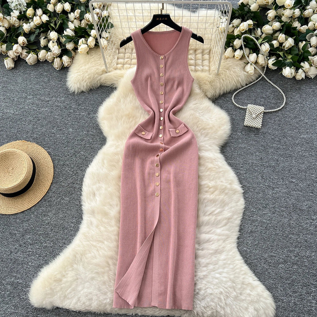 Elegant Solid Knitted O Neck Sleeveless Midi Dress Buttons