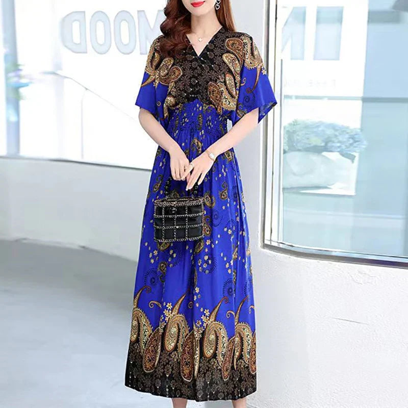Bohemian Ethnic Print Midi Dress V Neck With Batwing Sleeves