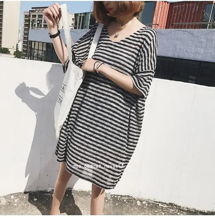 Summer Women's Striped T-Shirt Dress Loose Fit Short Sleeve Casual Tee for Home Wear