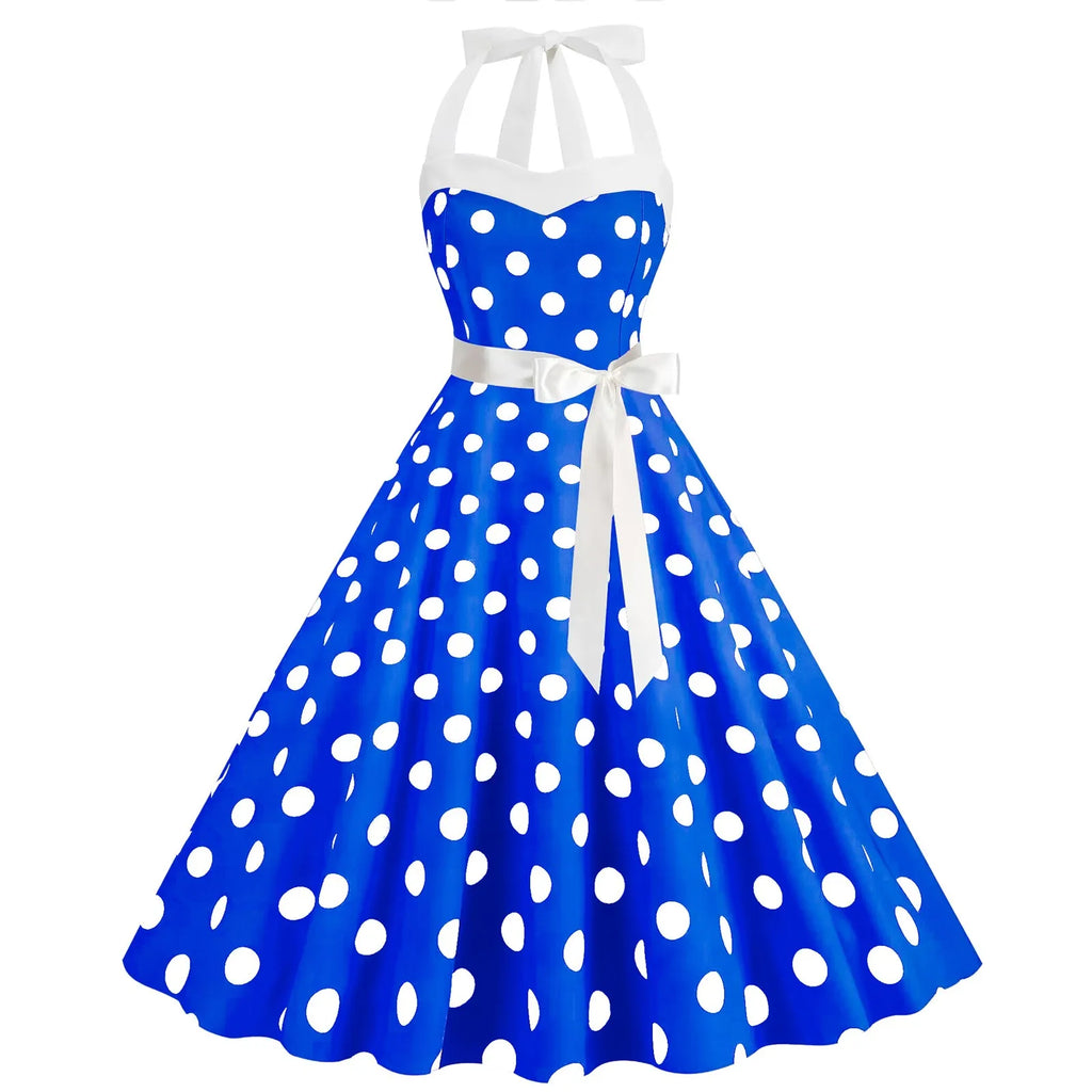 Ladies Vintage Polka Dot Backless Lace Up Swing Dress