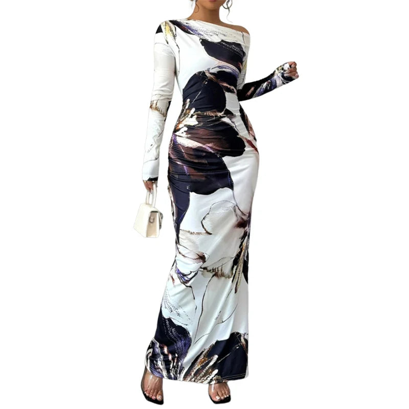 Elegant Slim Fit Printed Long Sleeve Dress For Women