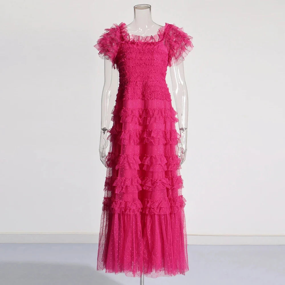 Patchwork Mesh Dress For Women High Waist Ruffled Casual