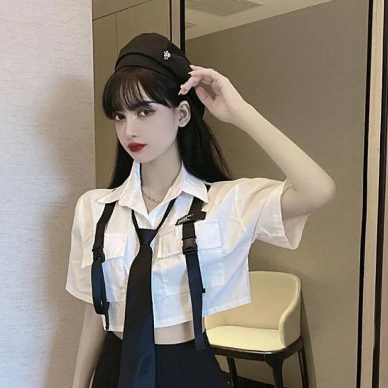 Casual Streetwear Cargo Pants Set with Chain and Harajuku Style Shirt for Women - Two Piece Loose Joggers and Blouse Outfit in Black and White