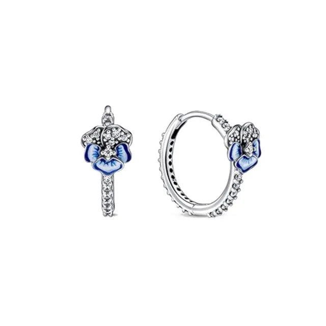 925 Silver Hoop Infinite Love Earrings with Blue Flower and White Stone Heart Pendant for Women Jewelry