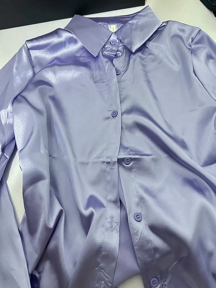 Elegant Satin Long Sleeve Women's Shirt Slim Fit Casual Office Blouse Stylish Autumn Top