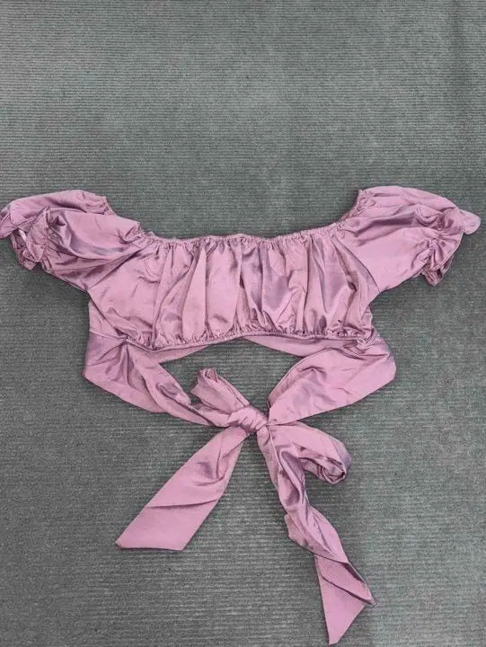 Women's Butterfly Tie One Shoulder Monochromatic Top with Sweet Back Tie and Short Sleeves