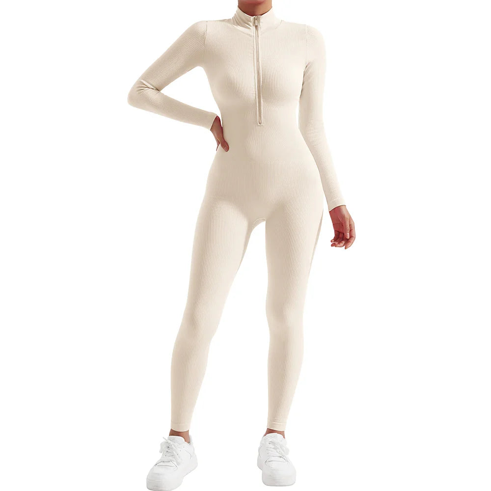 Women's Long Sleeve Solid Bodycon Jumpsuit Zipper Romper Summer Bodysuit Streetwear Overalls Sportswear