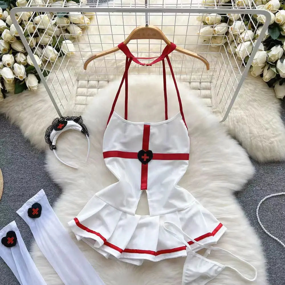 Sexy Nurse Costume Role Play Dress Pleated Sleeveless